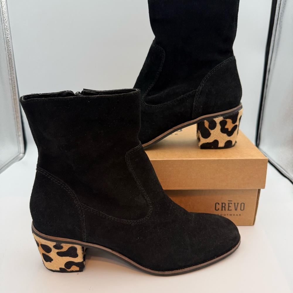 Crevo “Jade” Black Suede Ankle Boots – Leopard Block Heel – Size 9